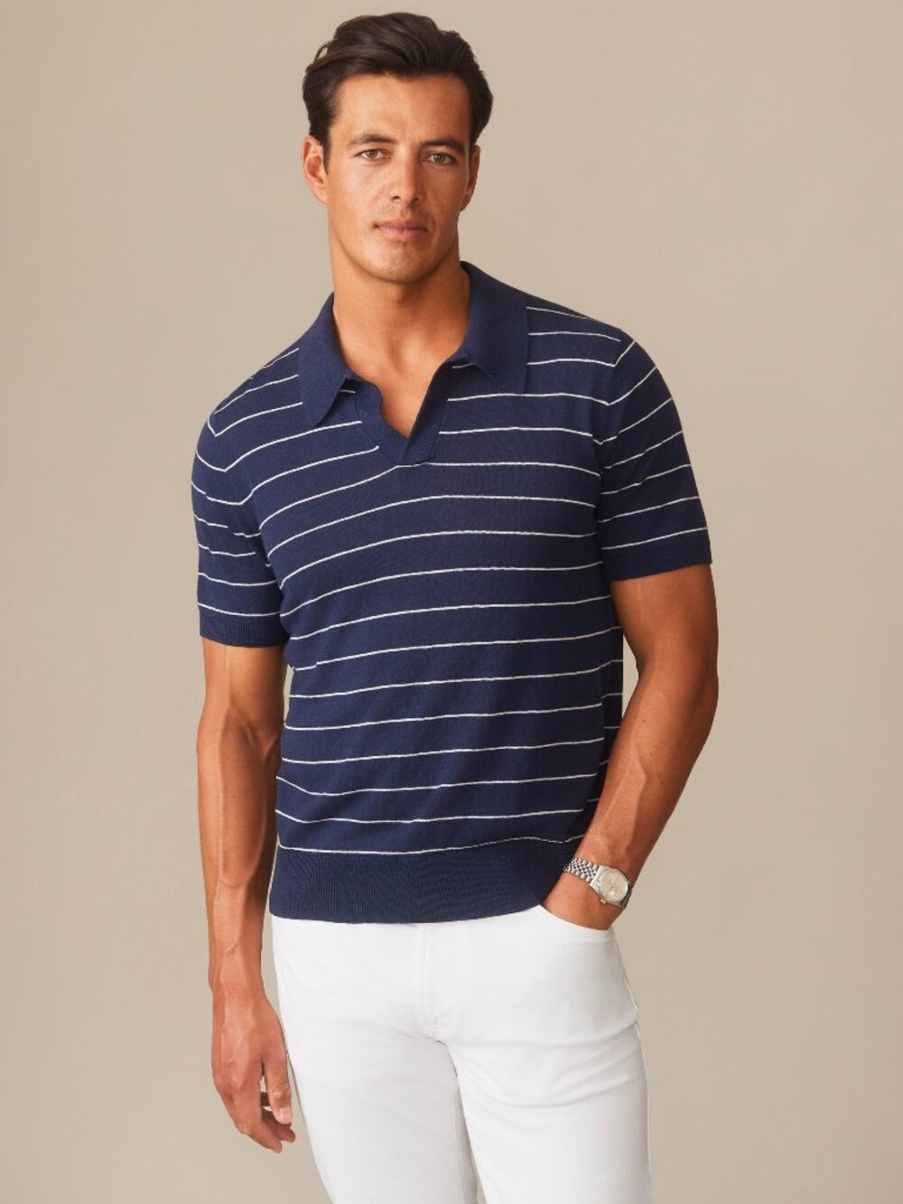 J McLaughlin Amalfi Linen Blend Polo in Stripe - Navy/White NEW
